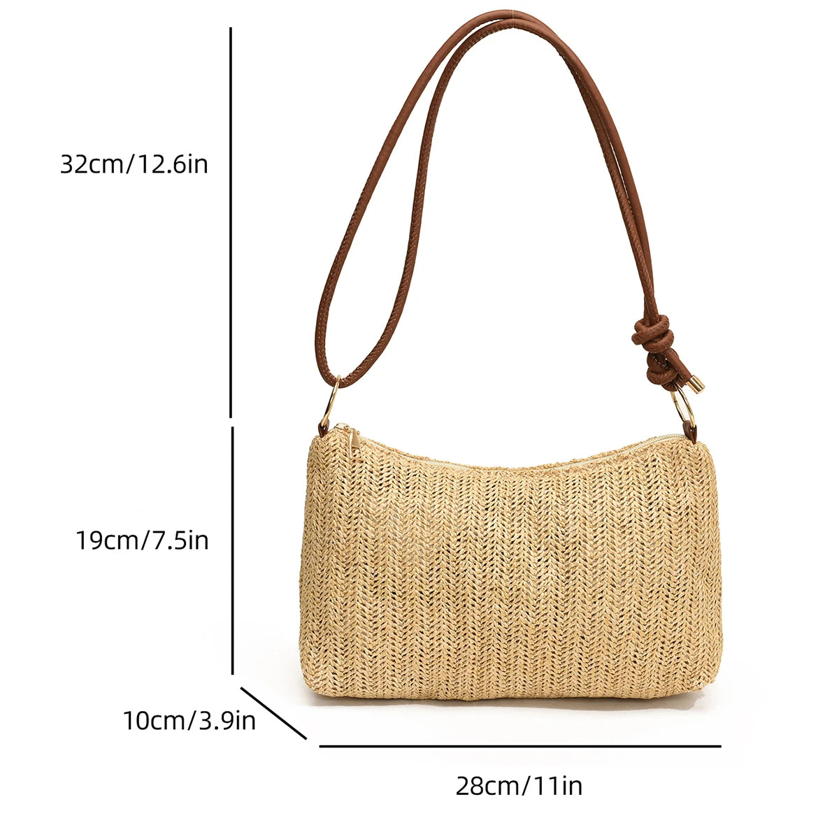 Women's Striped Woven Straw Tote Bag with Detachable Coin Purse – Zip Closure Beach Vacation Bag