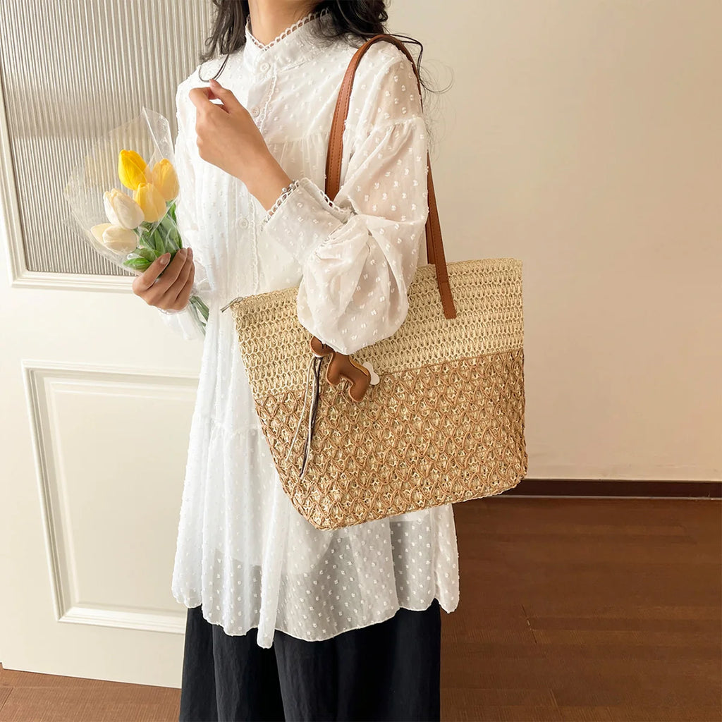 Bohemian Straw Tote Bag with Pony Charm – Hollowed Weave Beach Shoulder Bag
