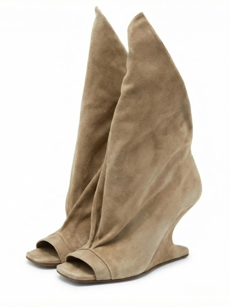 Women's Peep Toe Wedge Boot — Cross Strap, High Heel, Mid-Calf