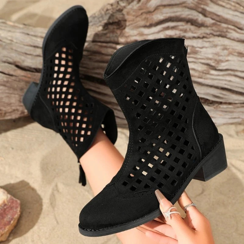 Women's Hollow-Out Western Ankle Bootie with Low Chunky Heel