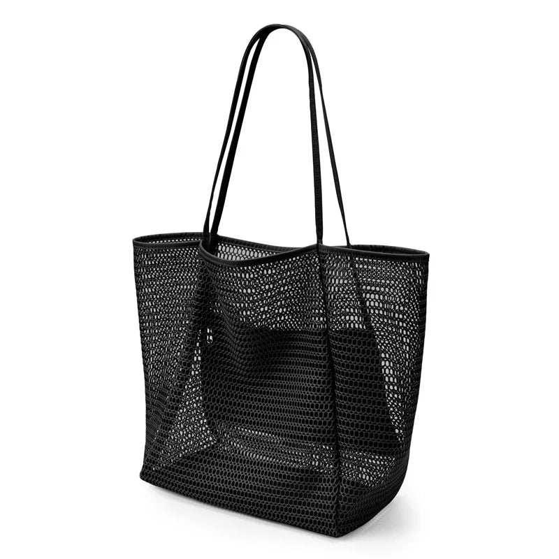Women's Large Capacity Polyester Woven Beach Tote Bag – Durable Open Top Shoulder Bag for Travel & Shopping