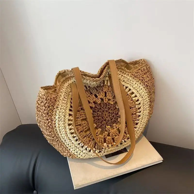 Handwoven Summer Round Straw Bag – Bohemian Beach Vacation Basket Tote for Women