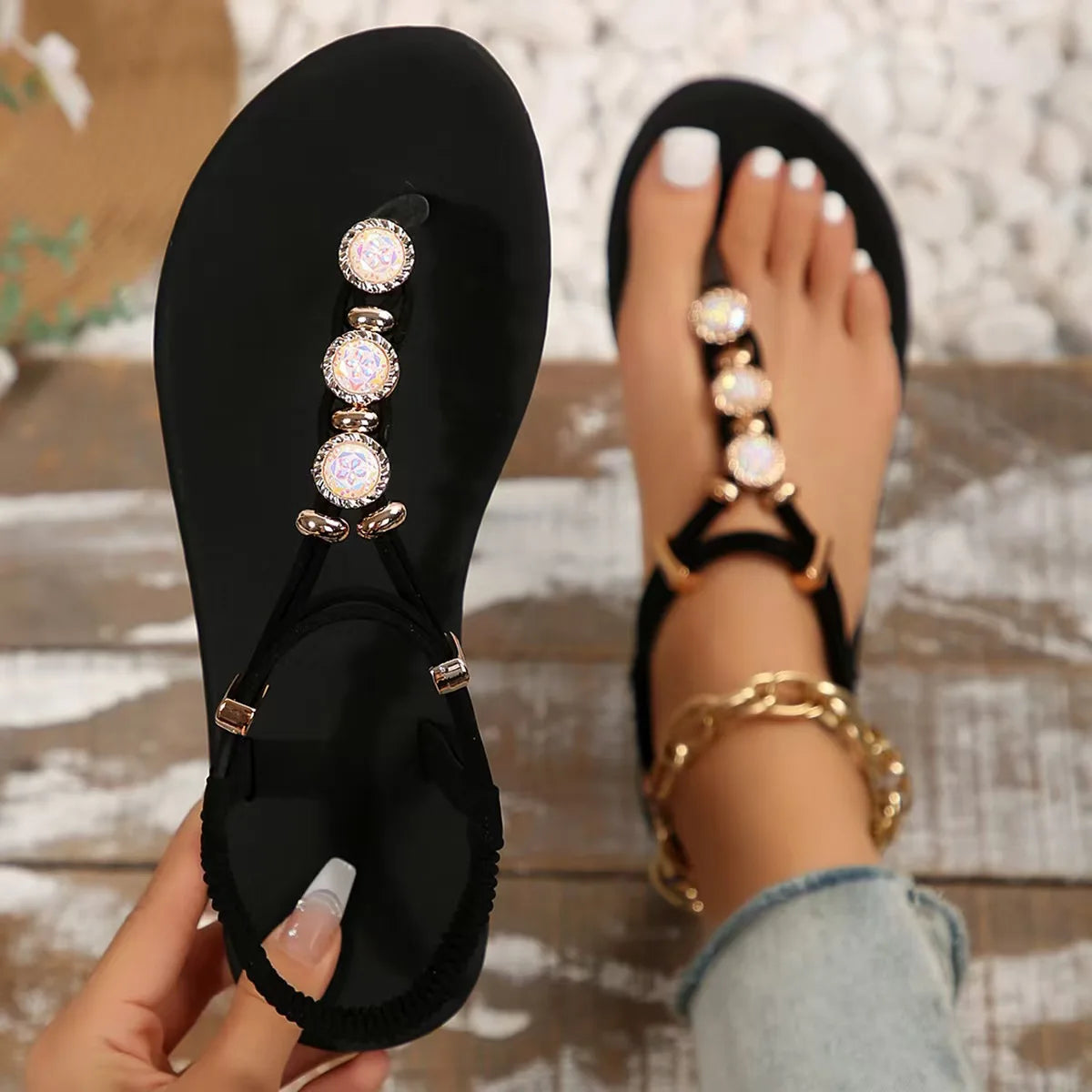 FBA Women's Handmade Beaded Fairy Style Flat Sandals | Plus Size Beach Shoes