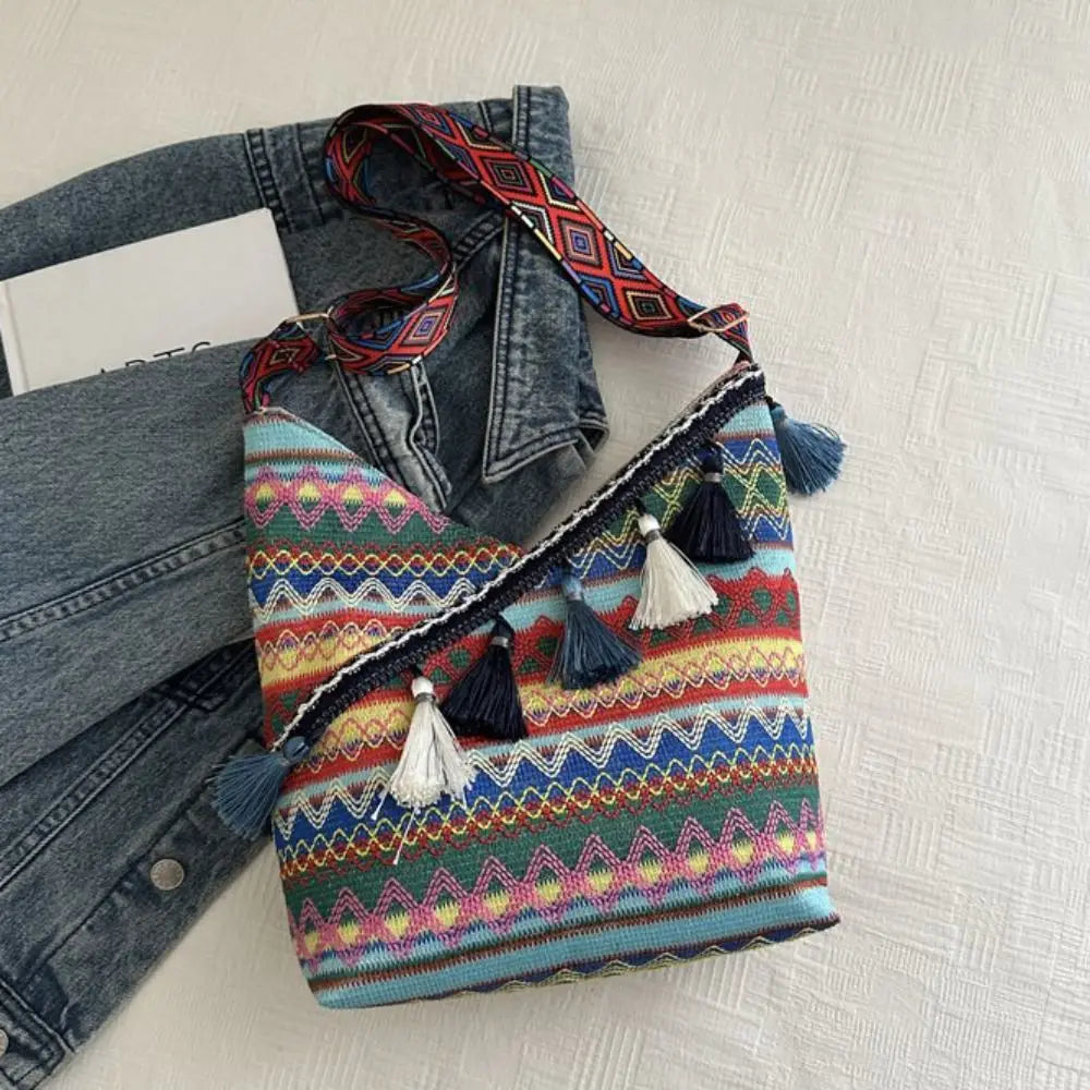Bohemian Geometric Woven Fringe Shoulder Bag – Vintage Ethnic Tassel Crossbody Tote for Travel