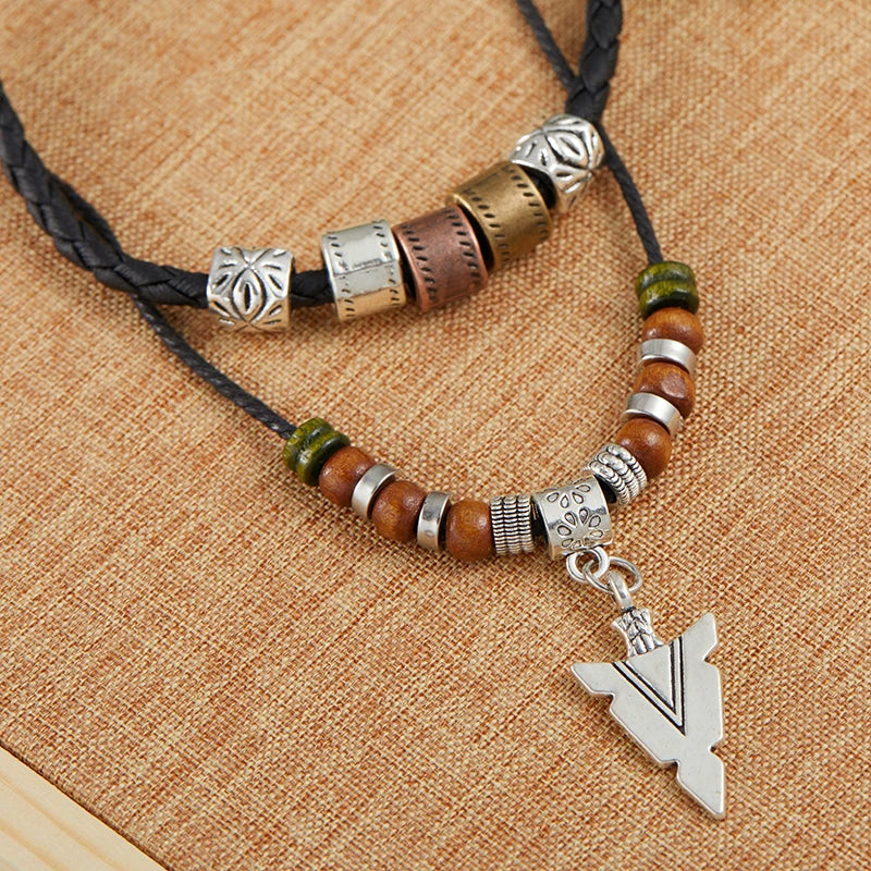 FBA Hip Hop Tribal Arrow Pendant Double Beaded Necklace | Men's Retro Jewelry