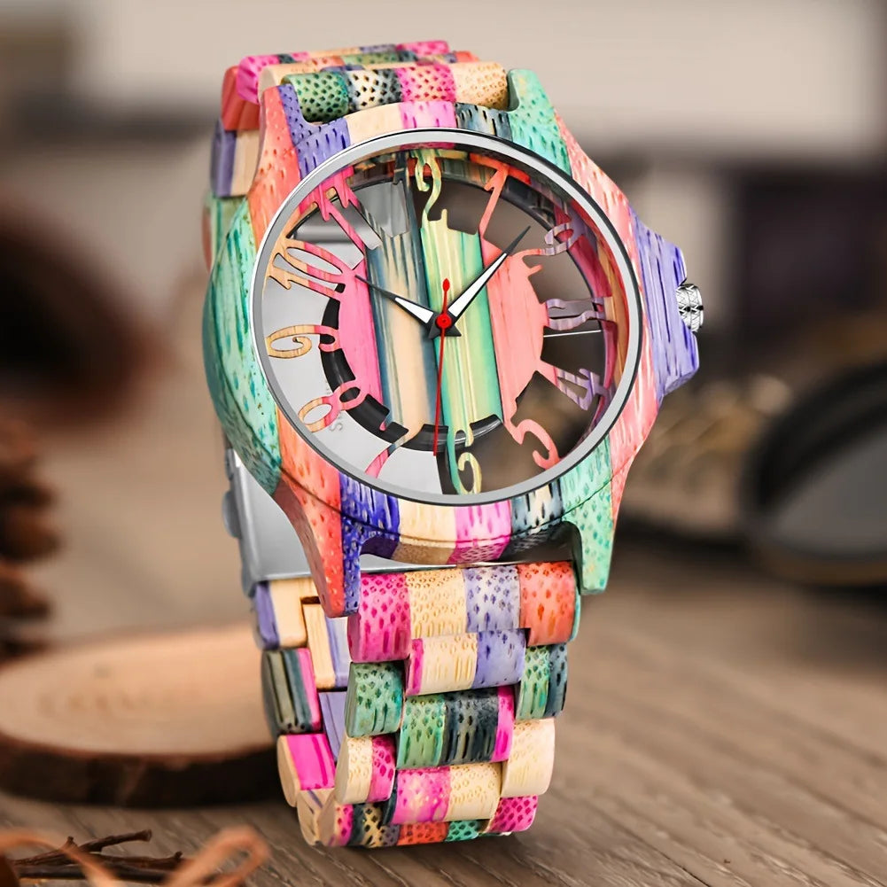 FBA Men's Skeleton Hollowed-Out Wood Watch | Transparent Dial Quartz Wristwatch