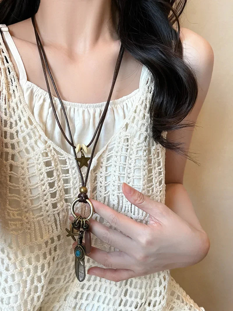FBA Star Feather Leather Pendant Necklace | Retro Art Jewelry