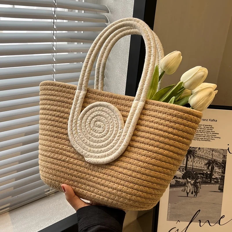 Cotton Rope Grass Woven Crossbody Tote Bag – Eco-Friendly Travel Vacation Handbag for Women