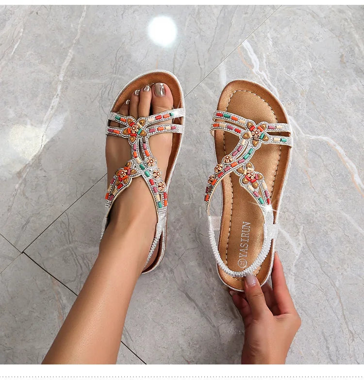 FBA Women's Rhinestone Bohemian Hollow Flat Sandals | Summer Casual Shoes