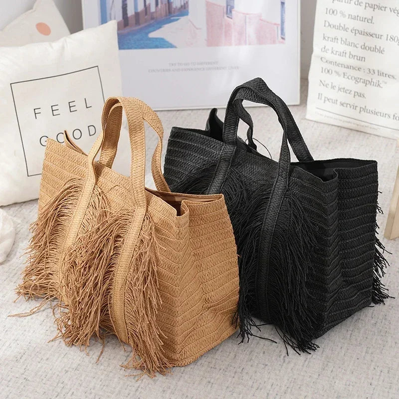 Handmade Raffia Straw Tote Bag with Tassel for Women – Large Capacity Bohemian Beach Bag