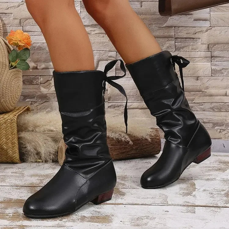 Women's Pleated PU Leather Mid-Calf Zip Boot with Square Heel