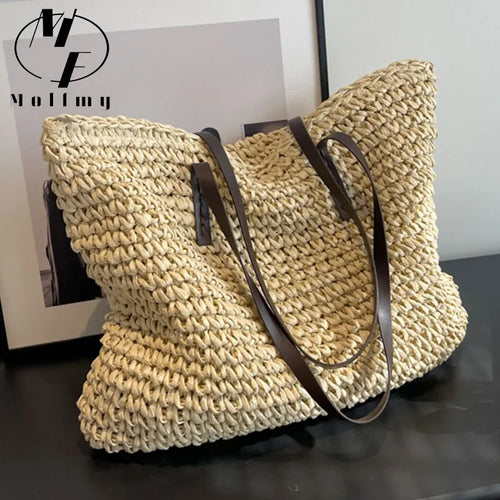Casual Straw Woven Bucket Tote Bag for Women – Large Capacity Beach & Shopping Shoulder Bag