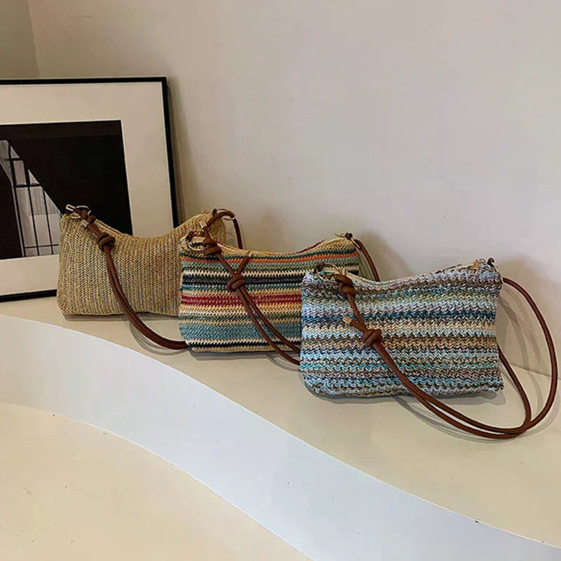 Striped Woven Straw Tote Bag with Zip Closure & Coin Purse – Lightweight Beach Vacation Bag