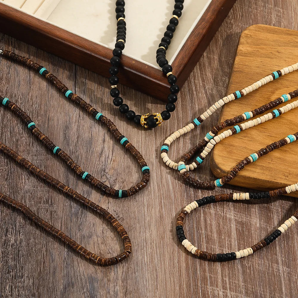 FBA Coconut Shell Wooden Bead Necklace for Men | Boho Stacked Jewelry