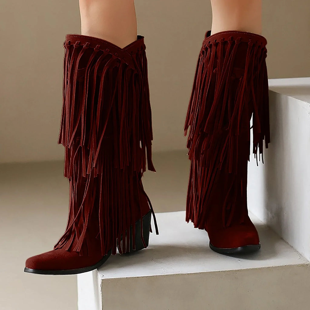 Women's Retro Tassel Fringe Mid-Calf Chelsea Boot with Block Heel