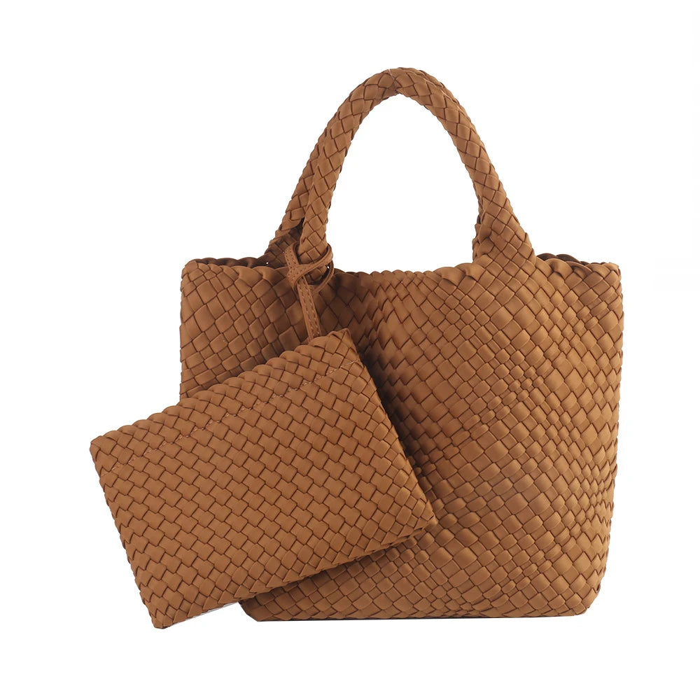 Neoprene Woven Tote Bag for Women – Waterproof Extra Large Beach Handbag & Retro Travel Shoulder Bag Set with Zipper Purse