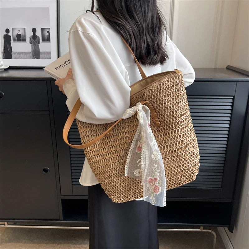 Handmade Grass Woven Tote Bag for Women – Large Capacity Rural Fresh Shoulder Bag with Scarf