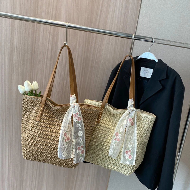 Handmade Grass Woven Tote Bag for Women – Large Capacity Rural Fresh Shoulder Bag with Scarf