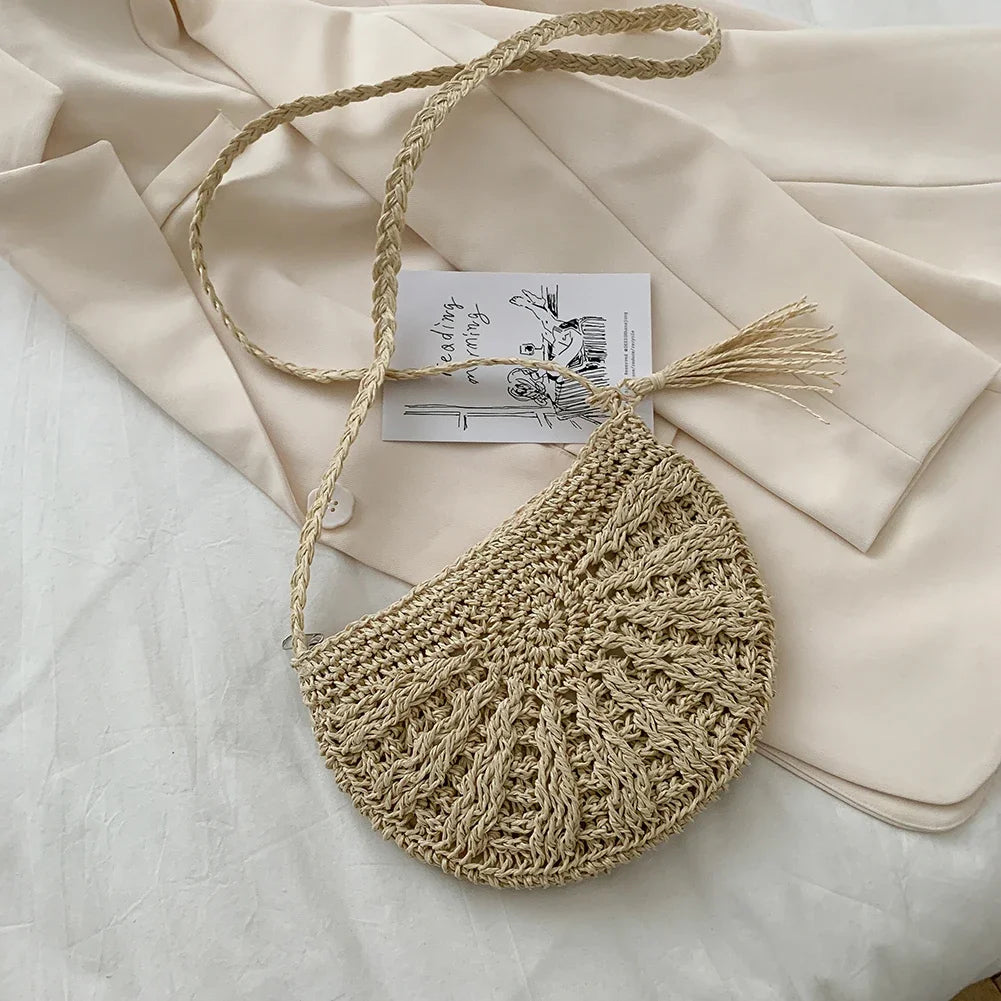Women's Round Straw Woven Tote Bag – Large Capacity Ethnic Style Vacation Shoulder Handbag