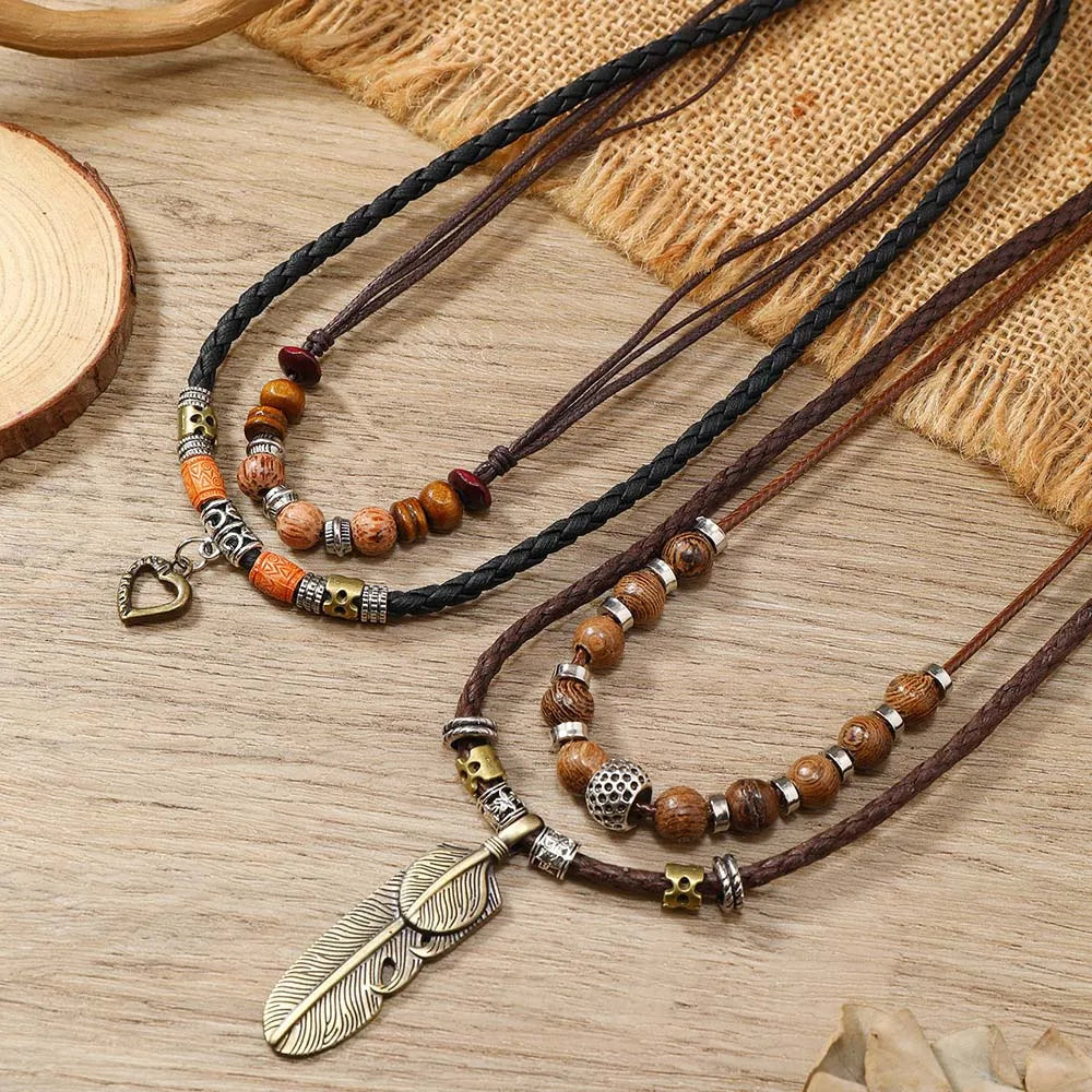 FBA Bohemian Layered Feather Leather Necklace | Ethnic Rustic Jewelry