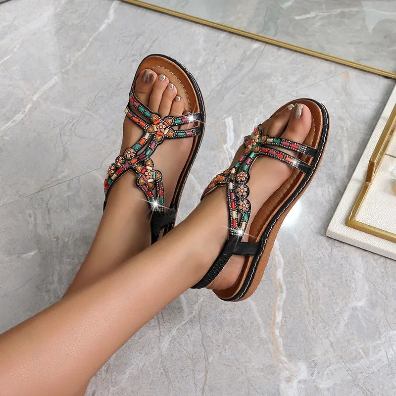 FBA Women's Rhinestone Bohemian Hollow Flat Sandals | Summer Casual Shoes