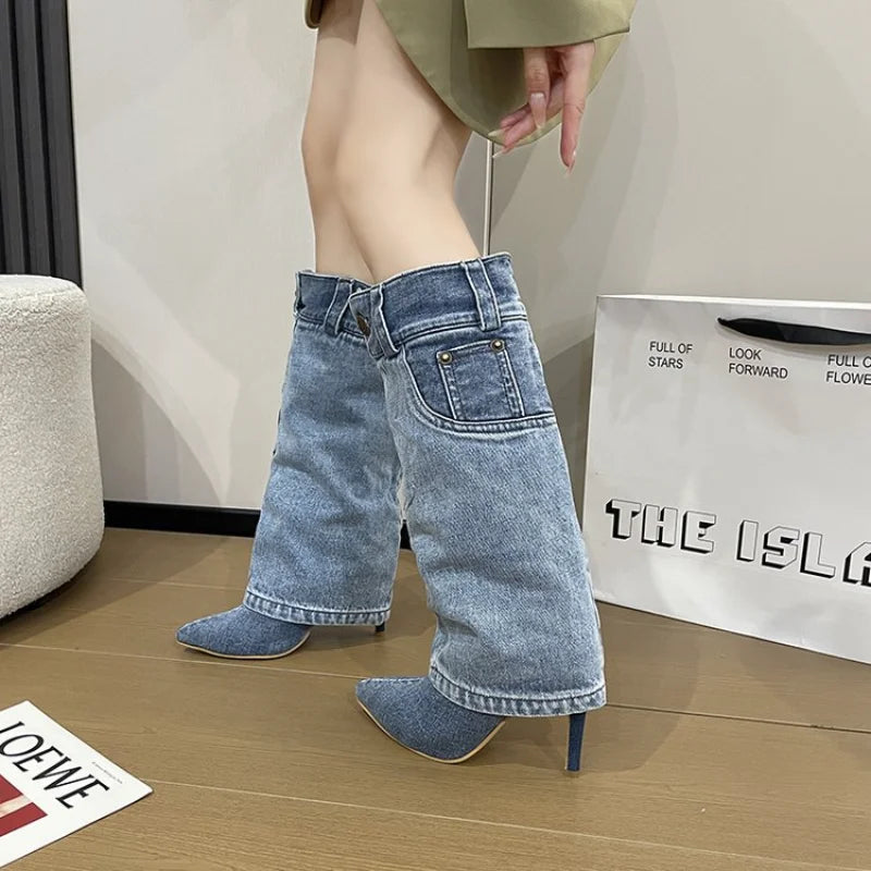 Women's Retro Blue Denim Mid-Calf Boot with High Square Heel