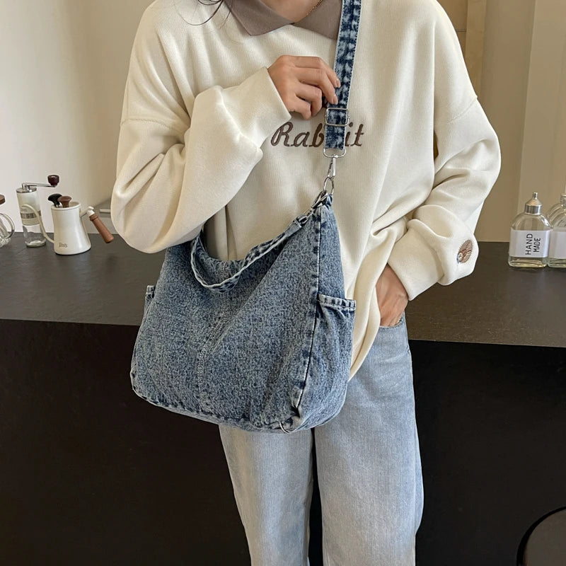 Casual Denim Retro Crossbody Shoulder Bag for Women – Large Capacity Portable Tote
