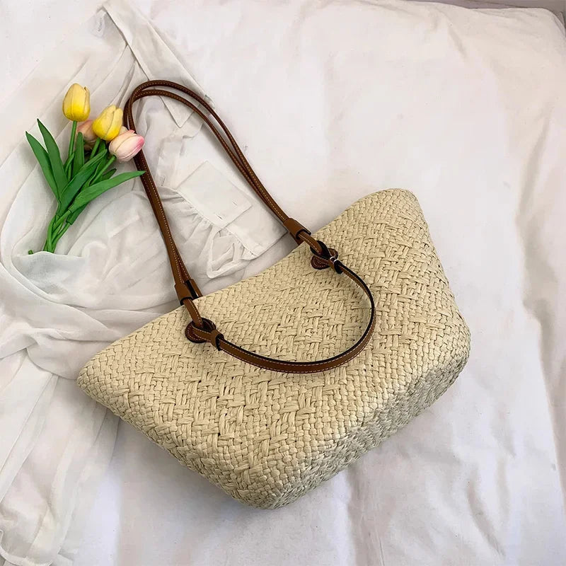 Designer Bohemian Chic Straw Woven Tote Bag – Large Capacity Beach Vacation Shoulder Handbag