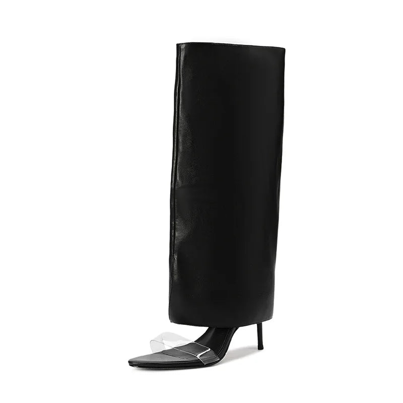 Women's Open Toe Knee-High Chelsea Boot — Stiletto Heel, Side Zip