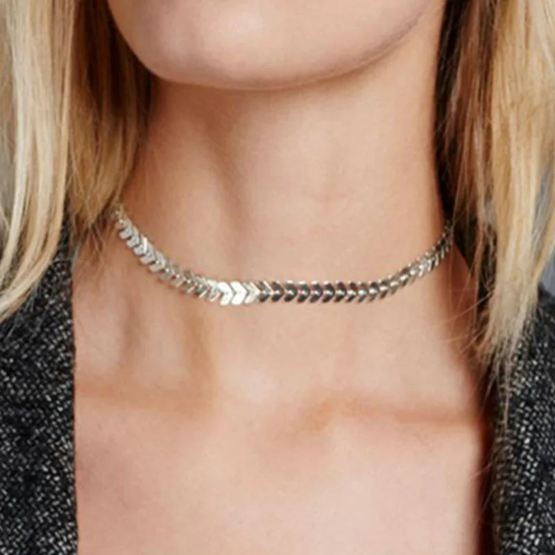 FBA Silver Arrow Fish Bone Choker Necklace | Women's Punk Jewelry
