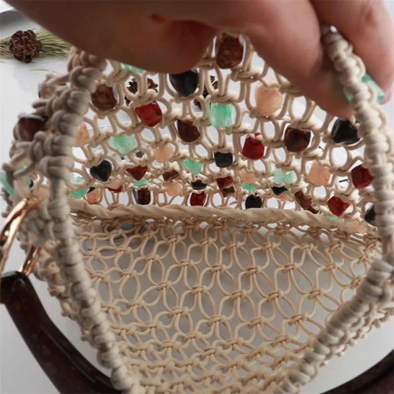 Hand-Woven Beaded Tote Bag with Wooden Handle – Boho Hollow-Out Knitted Beach Handbag