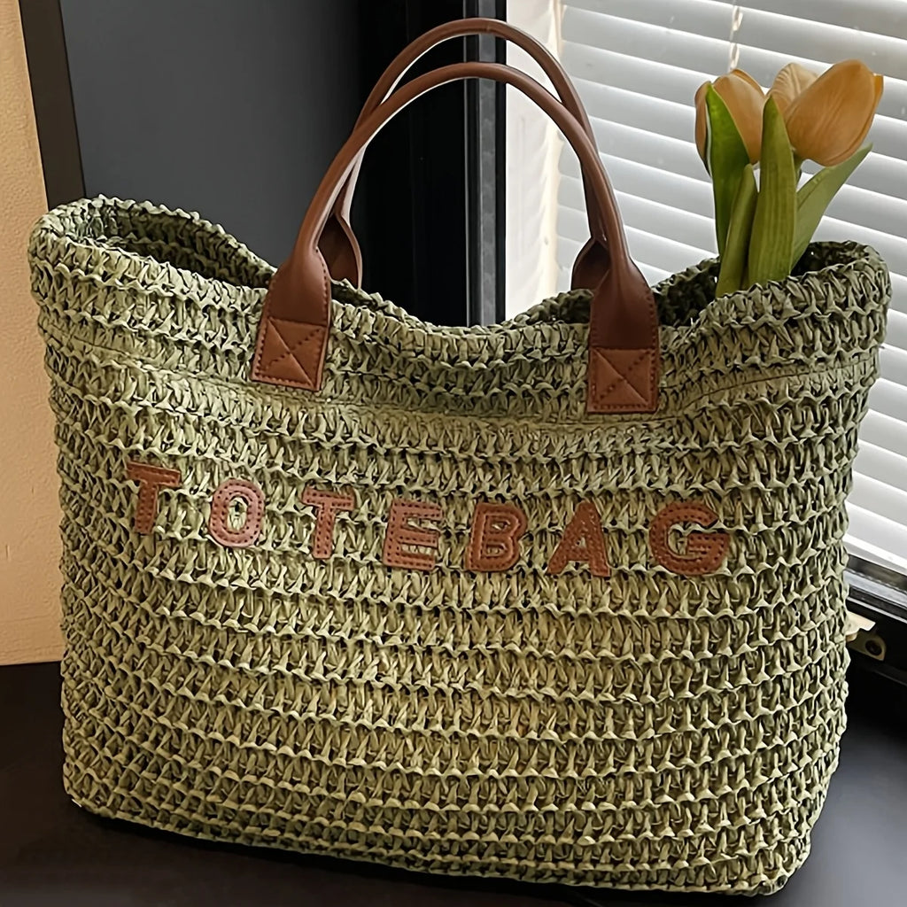 Large Capacity Contrast Color Woven Tote Bag – Minimalist Vacation Style for Commute, Travel & Gift
