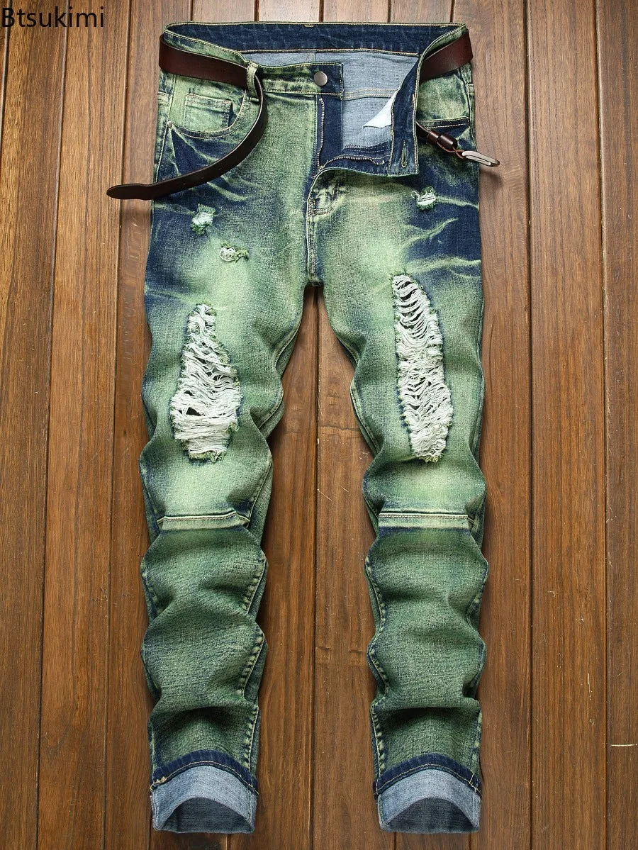 Men's Retro Hip Hop Slim Fit Patchwork Motorcycle Jeans – Pencil Trousers Distressed Streetwear Denim | Green | W28–W42 | FBA Vibes