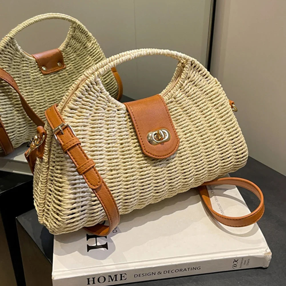 Handmade Woven Shell Crossbody Bag for Women – Casual Elegant Summer Straw Shoulder Tote