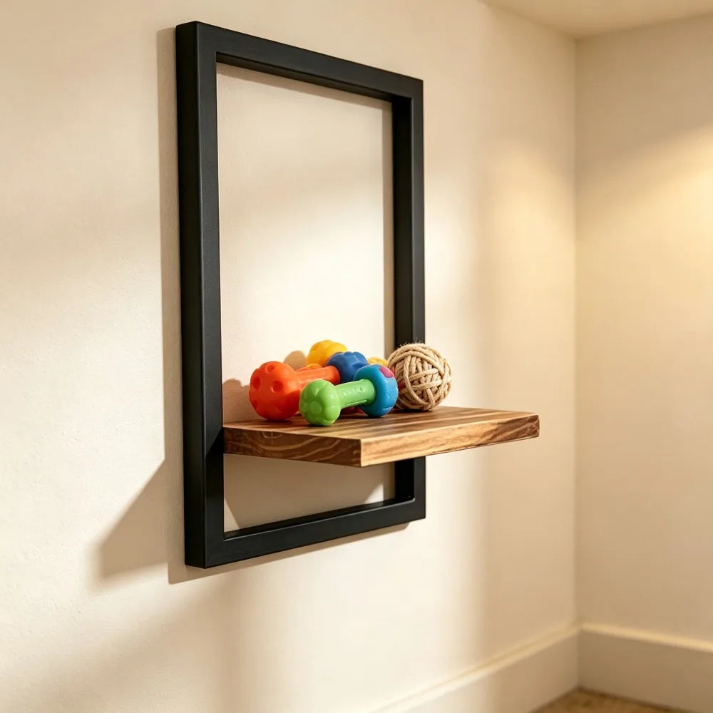 Black Frame Wooden Floating Wall Shelf | Rectangle Display Rack for Candles, Plants & Photos