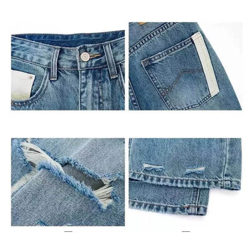 Women's American Retro Y2K Ripped Straight-Leg Jeans – Loose Casual Distressed Denim | Retro Blue | S–XL | FBA Vibes