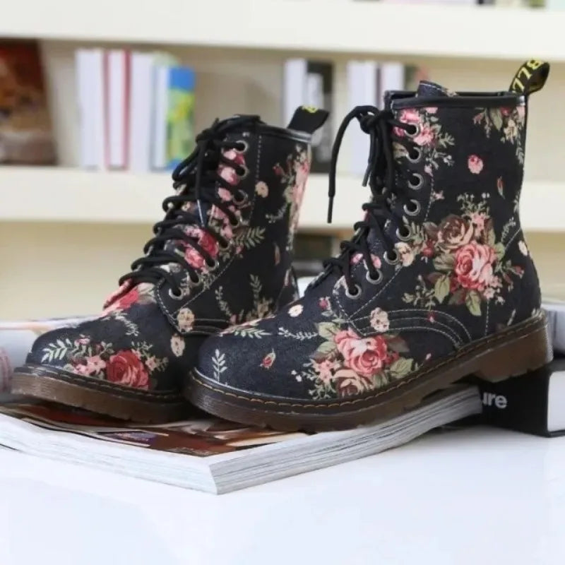 Women's Floral Print Ankle Boot — Lace-Up, Flat, Non-Slip