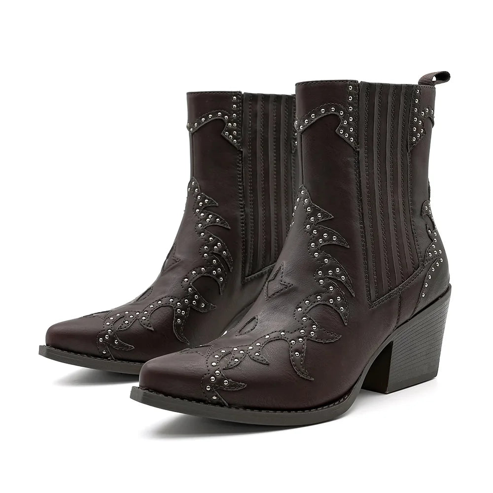 Women's Embroidered Western Cowgirl Pull-On Block Heel Ankle Boot | FBA Vibes