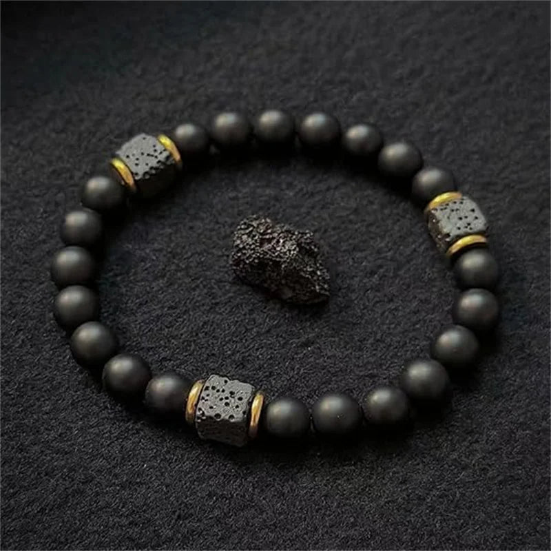 FBA Black Onyx & Lava Stone Elastic Bracelet for Men | Charm Jewelry