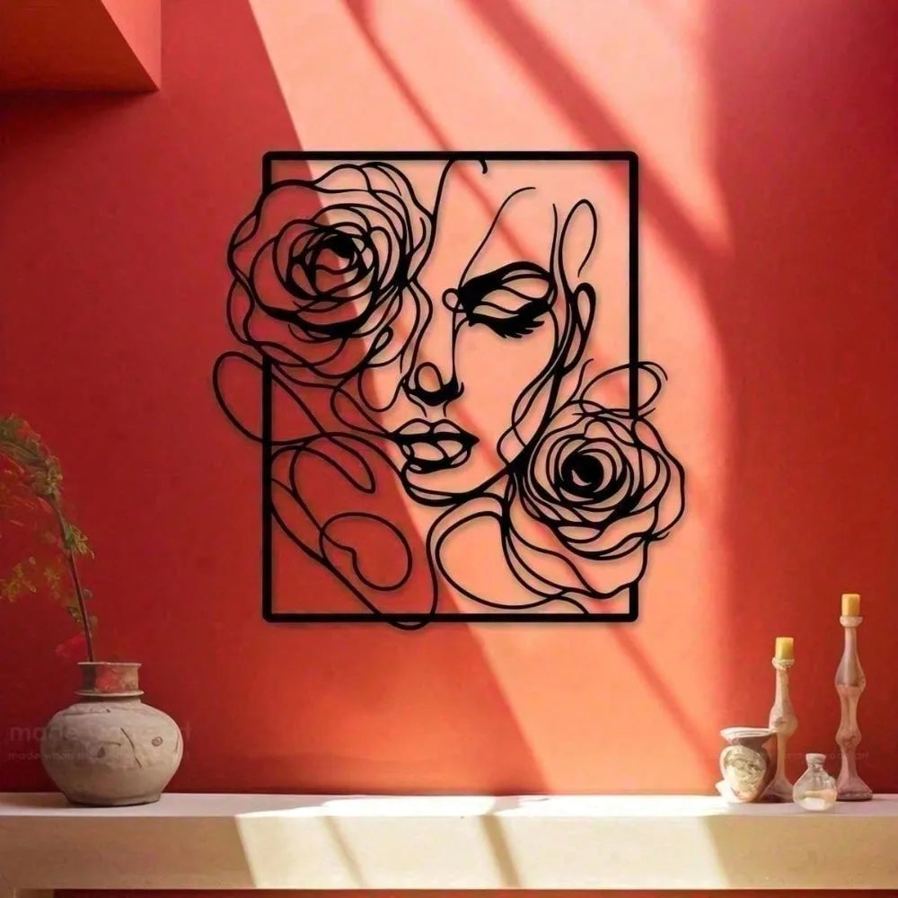 Black Metal Wall Art | Elegant Woman & Rose Silhouette Waterproof Wall Decor