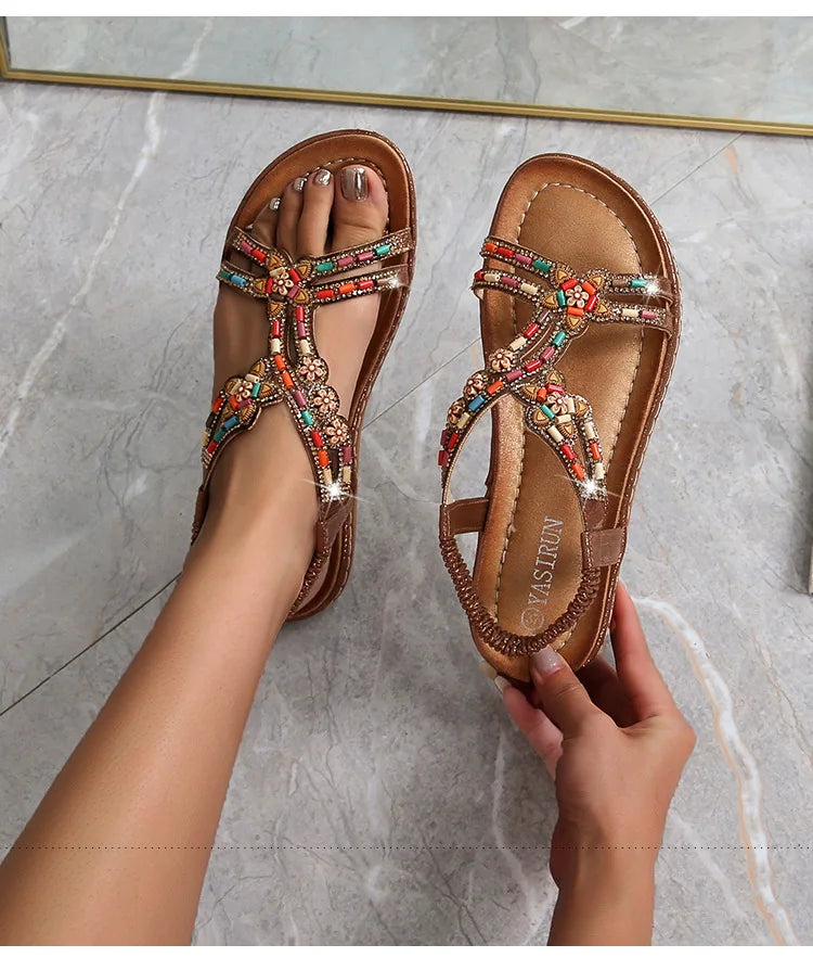 FBA Women's Rhinestone Bohemian Hollow Flat Sandals | Summer Casual Shoes