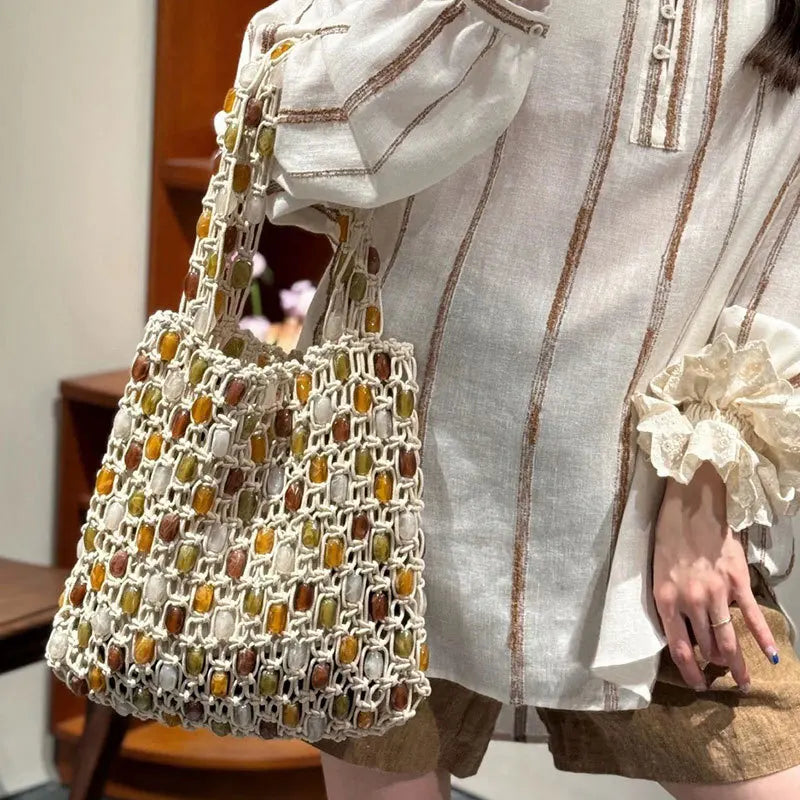 Woven Contrasting Cotton Tote Bag for Women – Fashionable Designer Shopping & Beach Bag