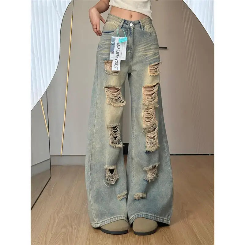 Women's American Retro Distressed Stonewash Wide-Leg Straight Jeans – Loose Drape Ankle-Length Denim | Beige | XS–XL | FBA Vibes