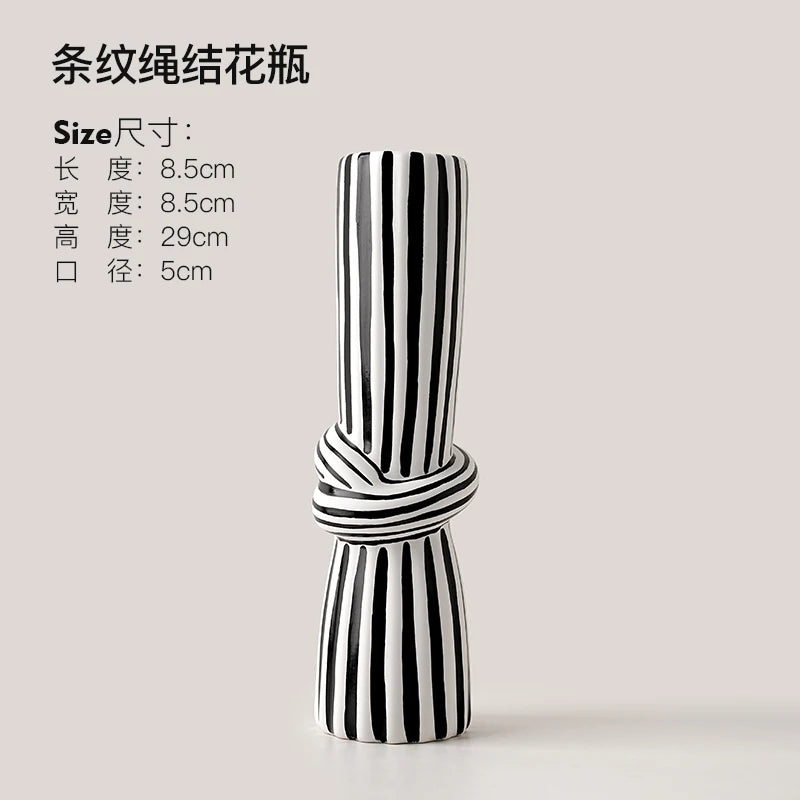 Black & White Striped Knot Ceramic Vase | Modern Art Sculpture for Living Room Decor
