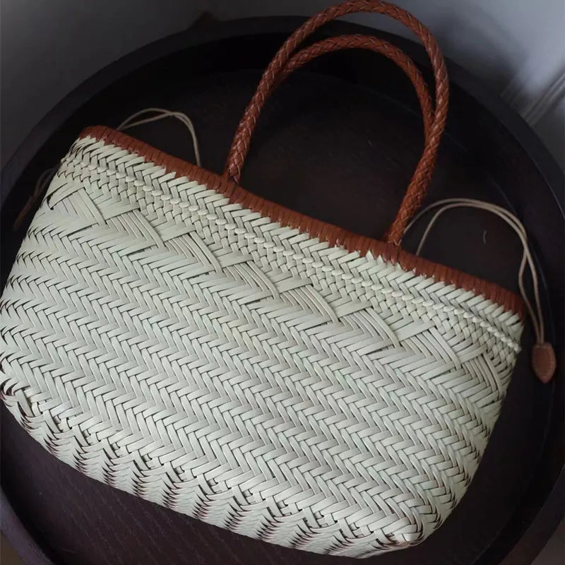 Vintage Hobo Manual Woven Genuine Leather Tote Bag – Hollow-Out Basket Shopping Bag for Women
