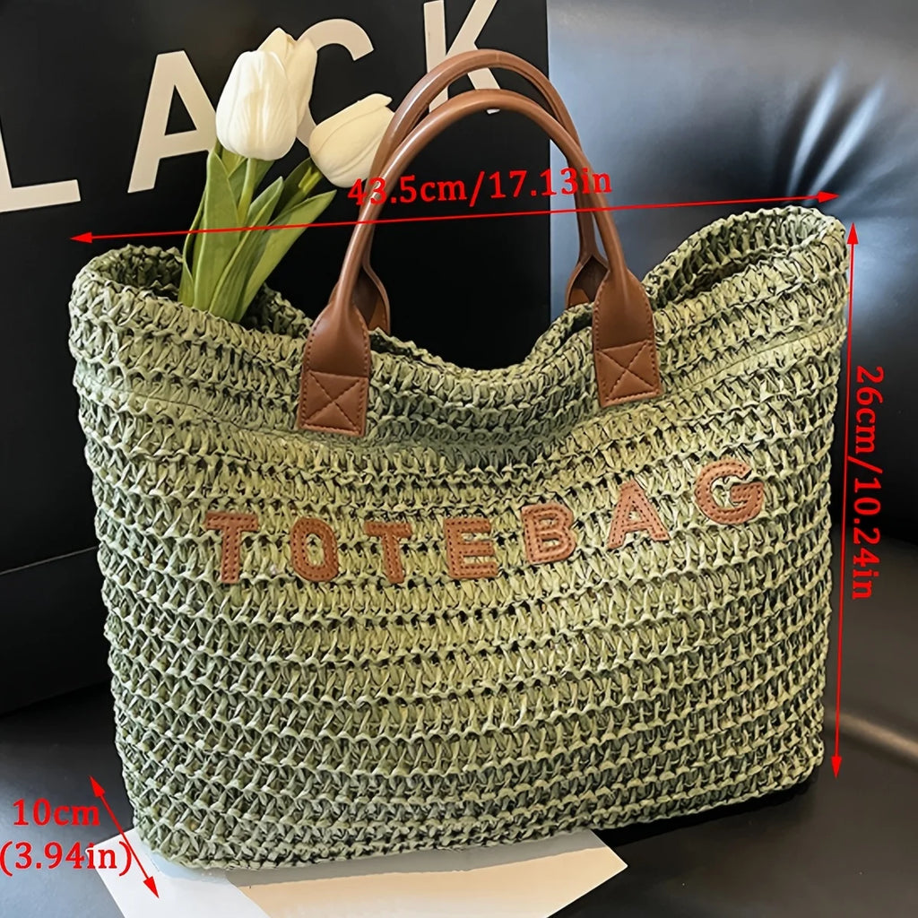 Large Capacity Contrast Color Woven Tote Bag – Minimalist Vacation Style for Commute, Travel & Gift
