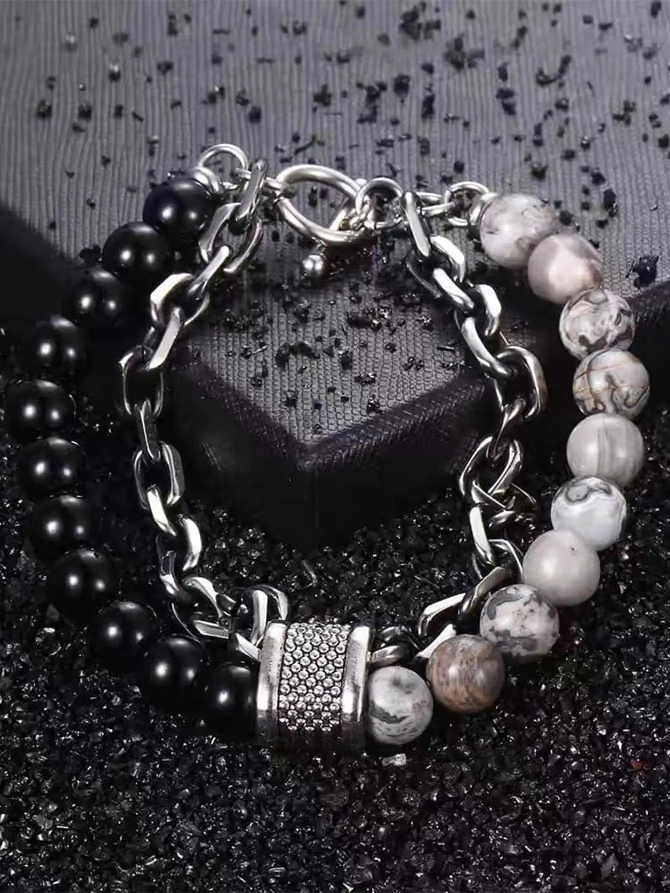 FBA Punk Black Beads Natural Stone Double Bracelet | Men's Jewelry