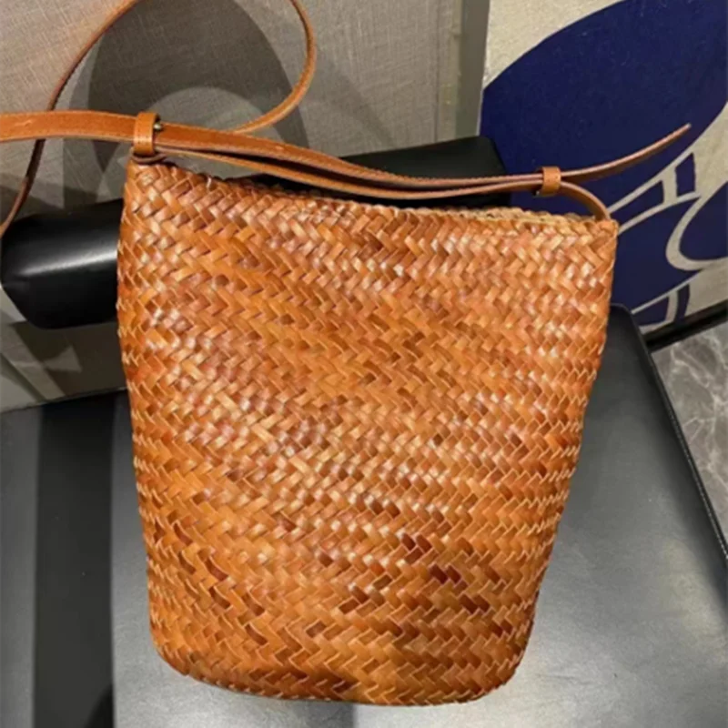Genuine Leather Hand-Woven Vegetable Basket Tote Bag – Retro Bohemian Shoulder Bag