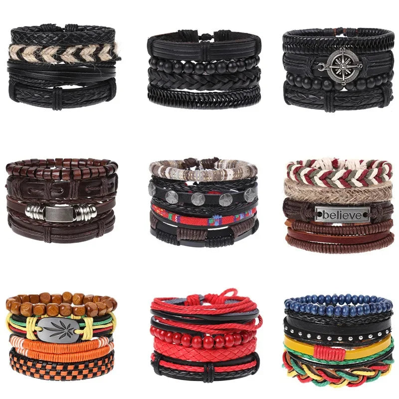 FBA 4-Piece Braided Leather Ethnic Wristband Set | Hope Believe Bracelet
