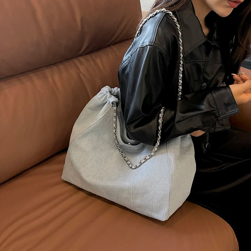 Big Chain Denim Shoulder Tote Bag for Women – Large Capacity Luxury Shopper